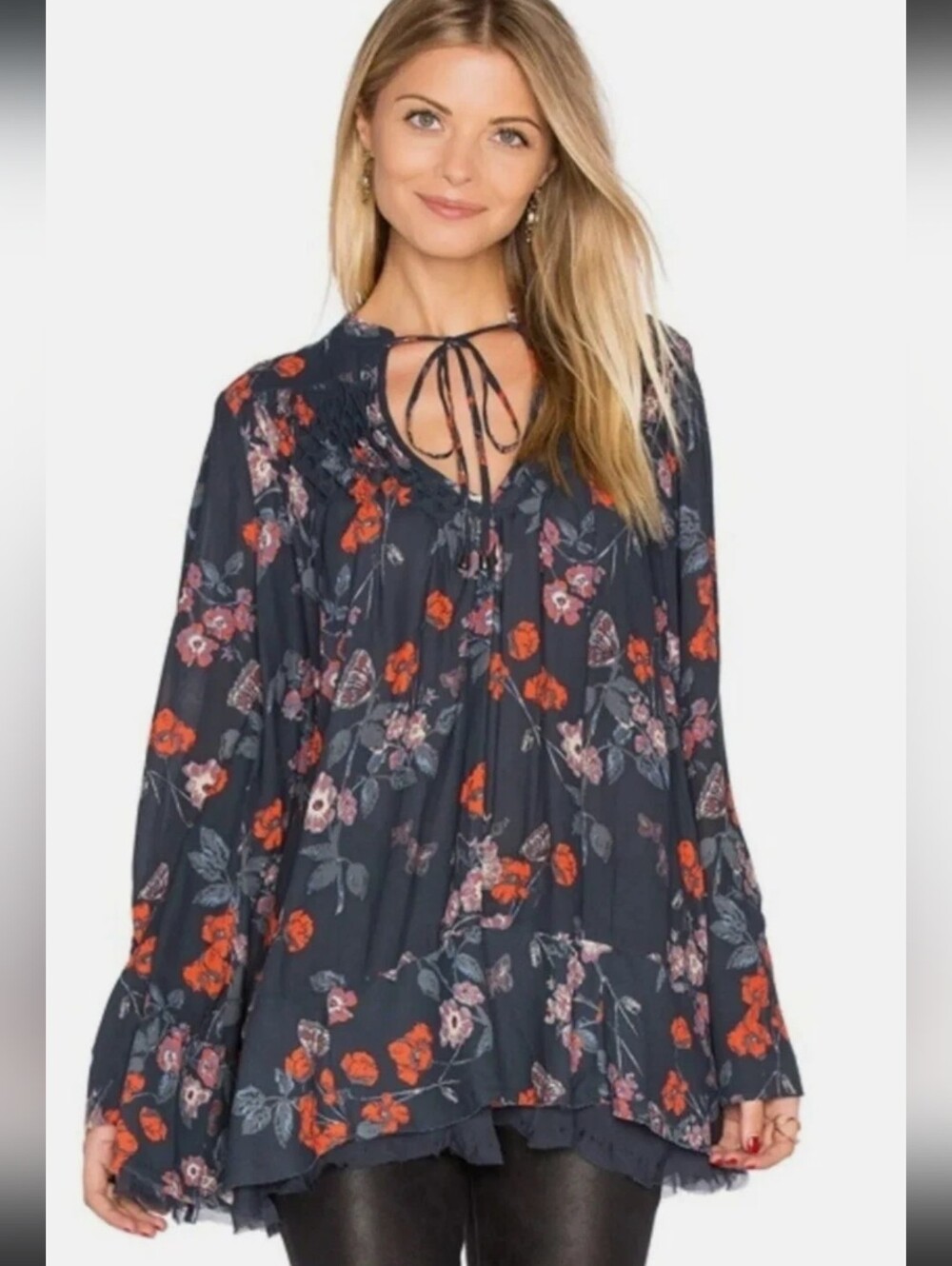 FREE PEOPLE Navy Pebble Crepe So Fine Smocked Tunic Top